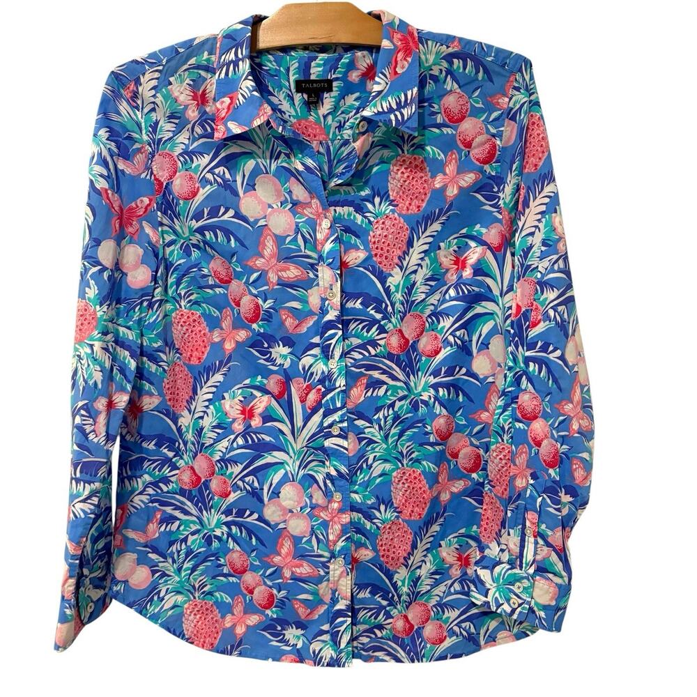 Talbots | Top Button Front Long Sleeve Tropical Pineapple Blue Cotton- Large